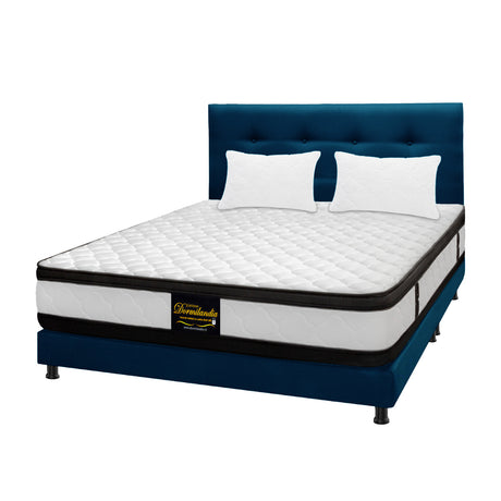 Combo Colchón Malta Blanco y Azul Queen 160 X 190 Cm Firmeza Firme Doble Faz Con Cabecero y Base Cama - COLCHONES | Bylmo