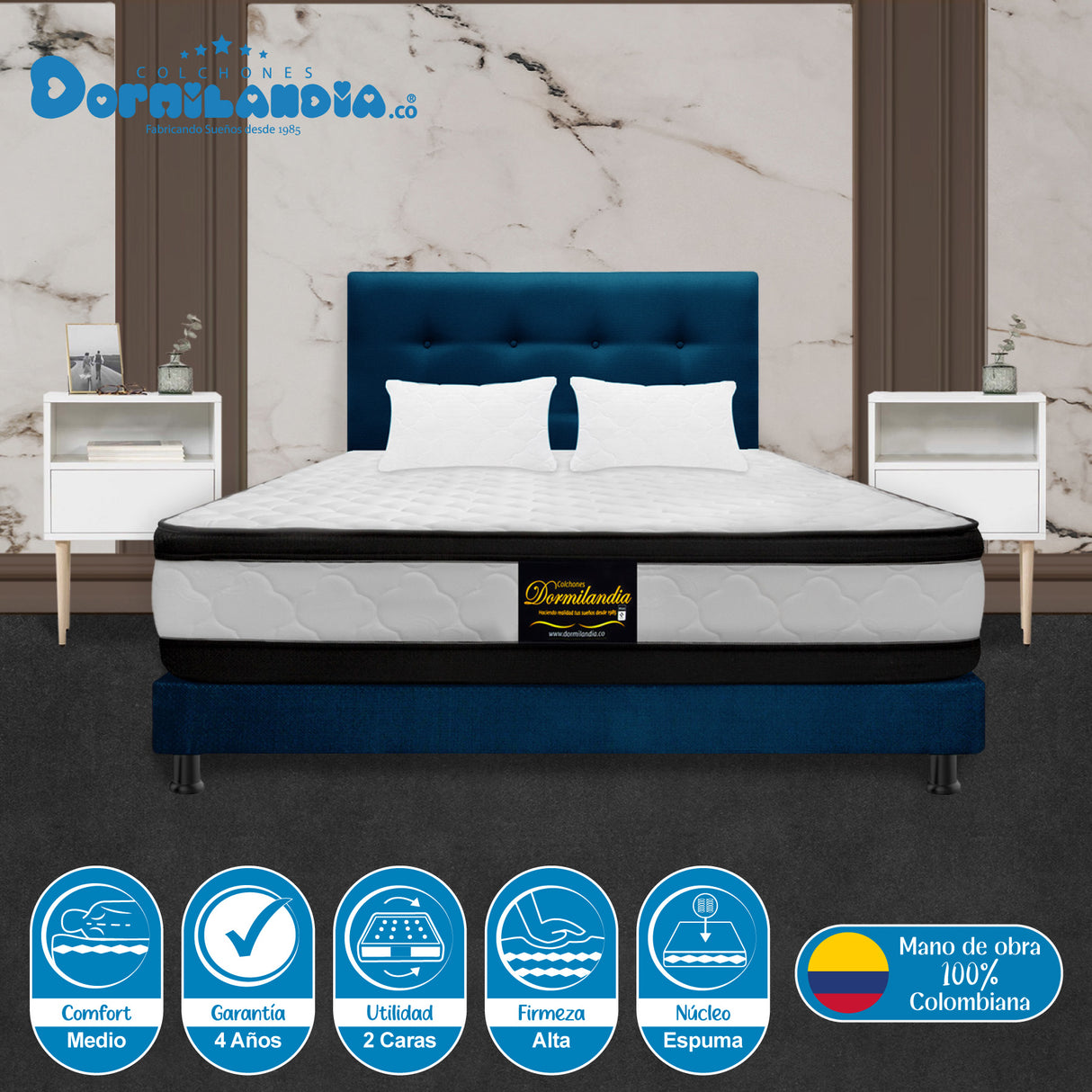 Combo Colchón Malta Blanco y Azul King 200 X 200 Cm Firmeza Firme Doble Faz Con Cabecero y Base Cama - COLCHONES | Bylmo