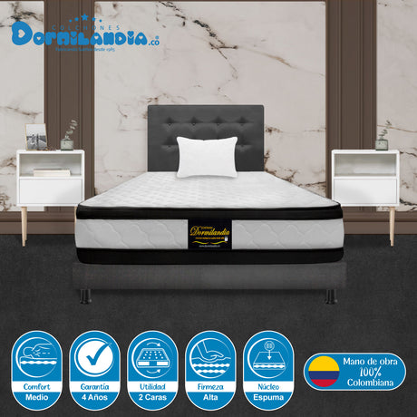 Combo Colchón Malta Blanco y Gris Sencillo 100 X 190 Cm Firmeza Firme Doble Faz Con Cabecero y Base Cama - COLCHONES | Bylmo