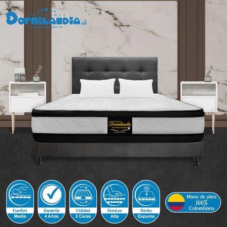 Combo Colchón Malta Blanco y Gris Queen 160 X 190 Cm Firmeza Firme Doble Faz Con Cabecero y Base Cama - COLCHONES | Bylmo