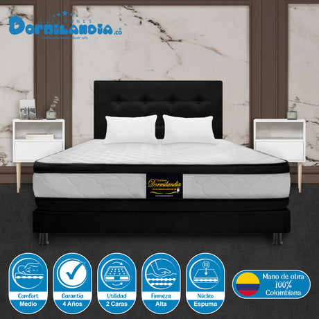Combo Colchón Malta Blanco y Negro King 200 X 200 Cm Firmeza Firme Doble Faz Con Cabecero y Base Cama - COLCHONES | Bylmo