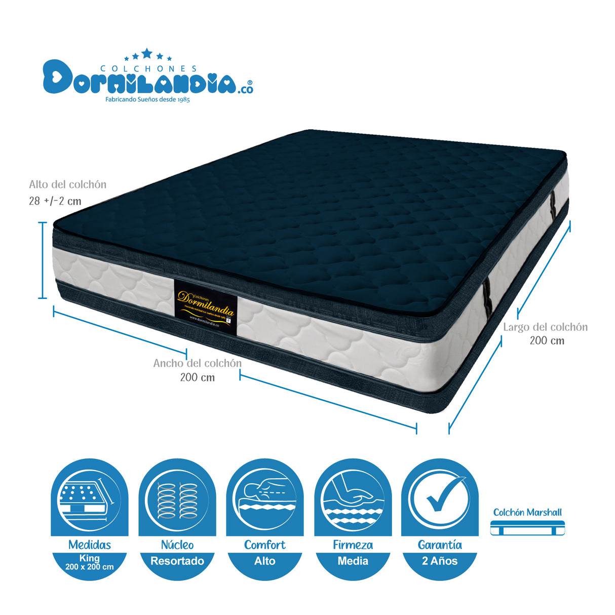 Combo Colchón Marshall Azul King 200 X 200 Cm Firmeza Medio Doble Faz Con Cabecero y Base Cama - COLCHONES | Bylmo
