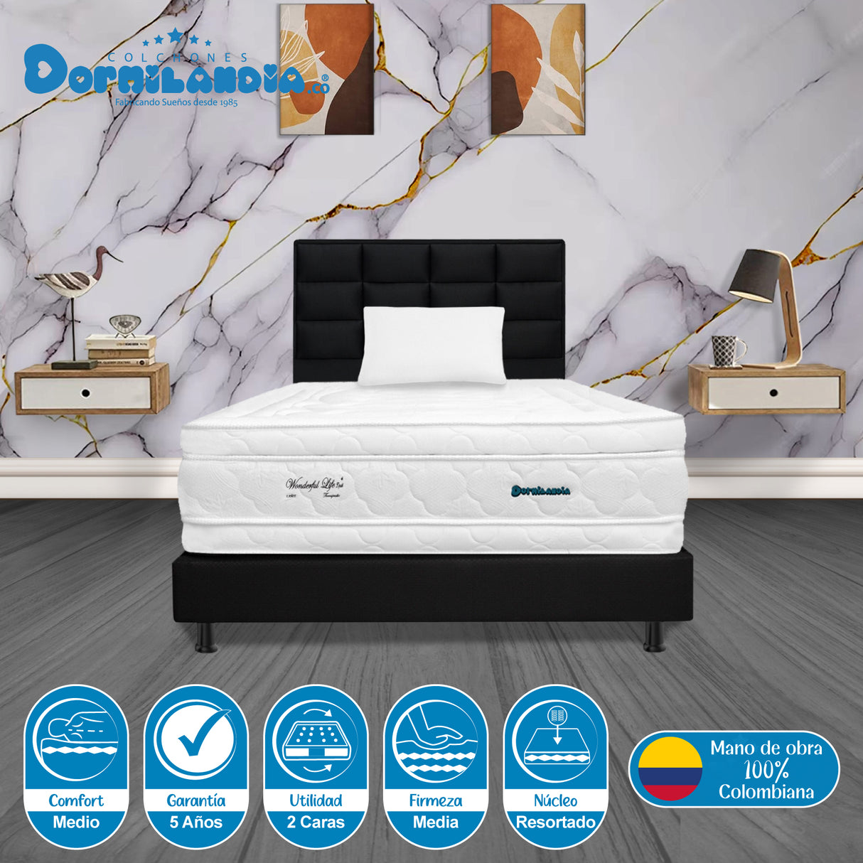 Combo Colchón Wonderful Blanco y Negro Sencillo 100 X 190 Cm Firmeza Medio Doble Faz Con Cabecero y Base Cama - COLCHONES | Bylmo