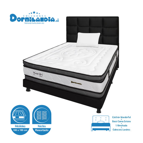 Combo Colchón Wonderful Blanco y Negro Sencillo 100 X 190 Cm Firmeza Medio Doble Faz Con Cabecero y Base Cama - COLCHONES | Bylmo