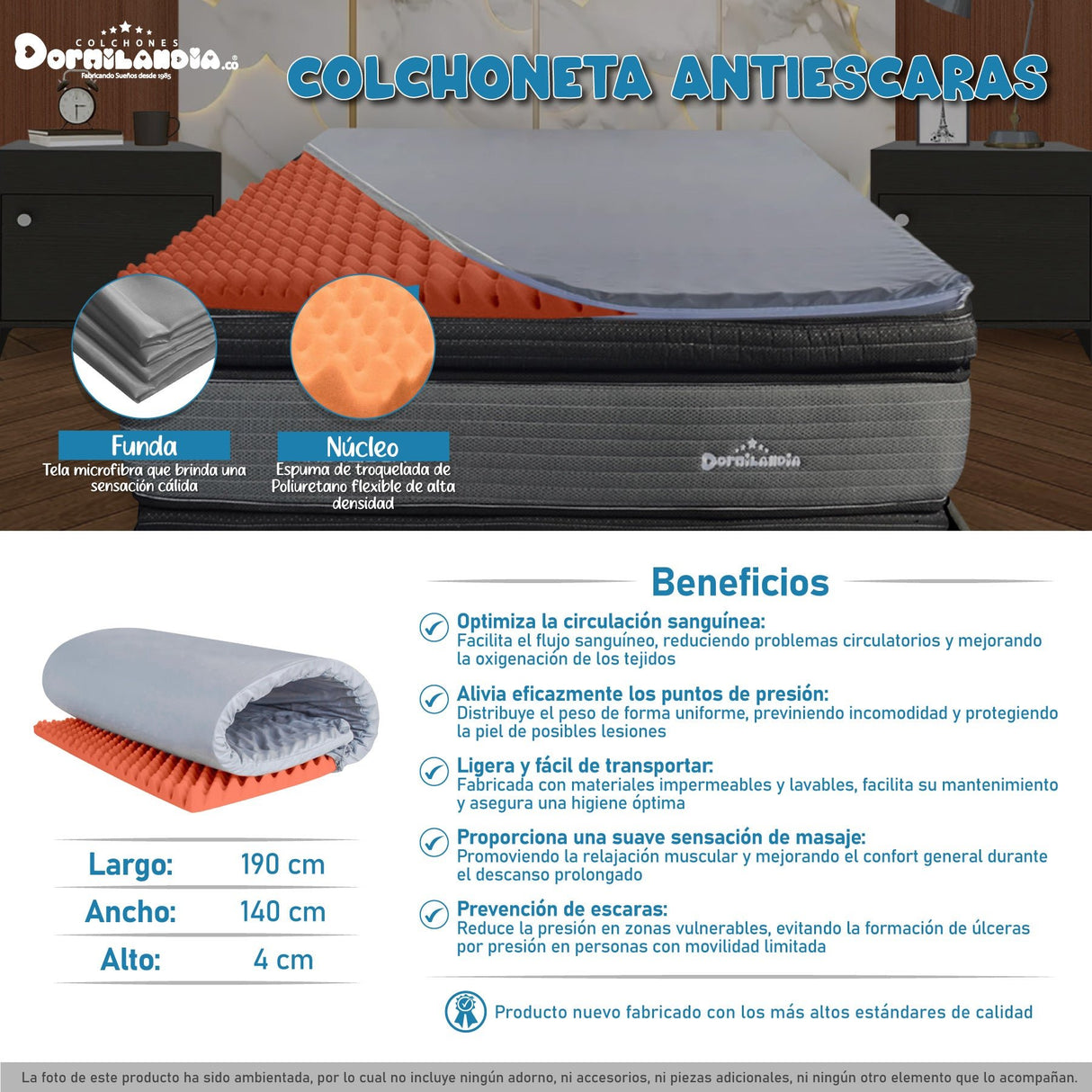 Colchoneta Antiescaras Gris Doble 140 X 190 Cm Firmeza Medio Firme - COLCHONES | Bylmo