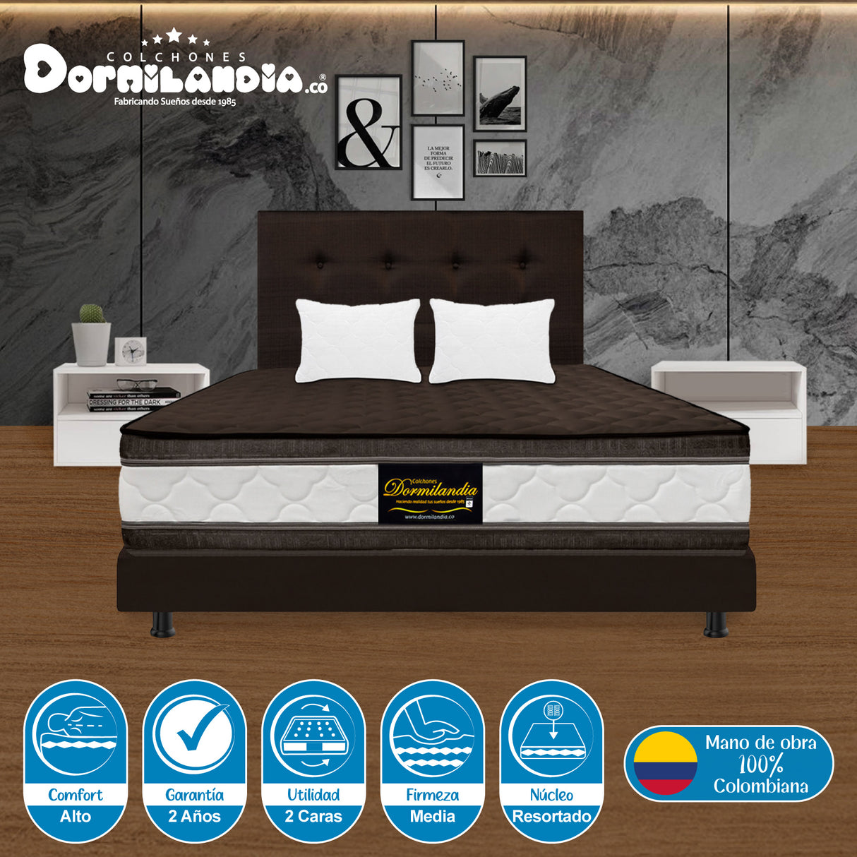 Combo Colchón Marshall Cafe Semidoble 120 X 190 Cm Firmeza Medio Doble Faz Con Cabecero y Base Cama - COLCHONES | Bylmo