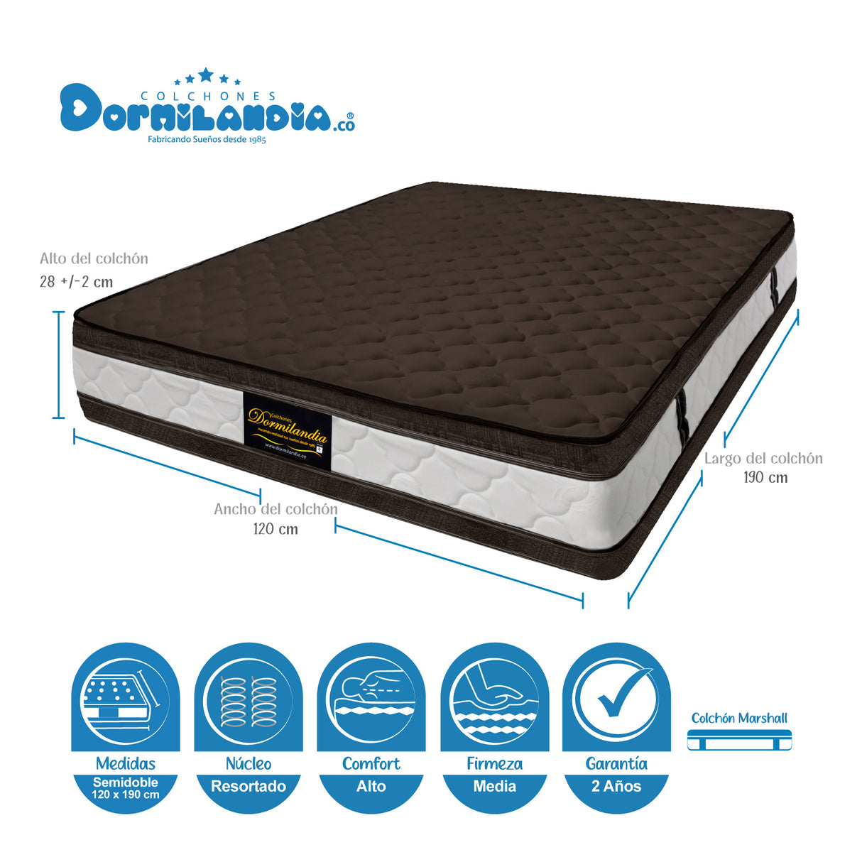 Combo Colchón Marshall Cafe Semidoble 120 X 190 Cm Firmeza Medio Doble Faz Con Cabecero y Base Cama - COLCHONES | Bylmo