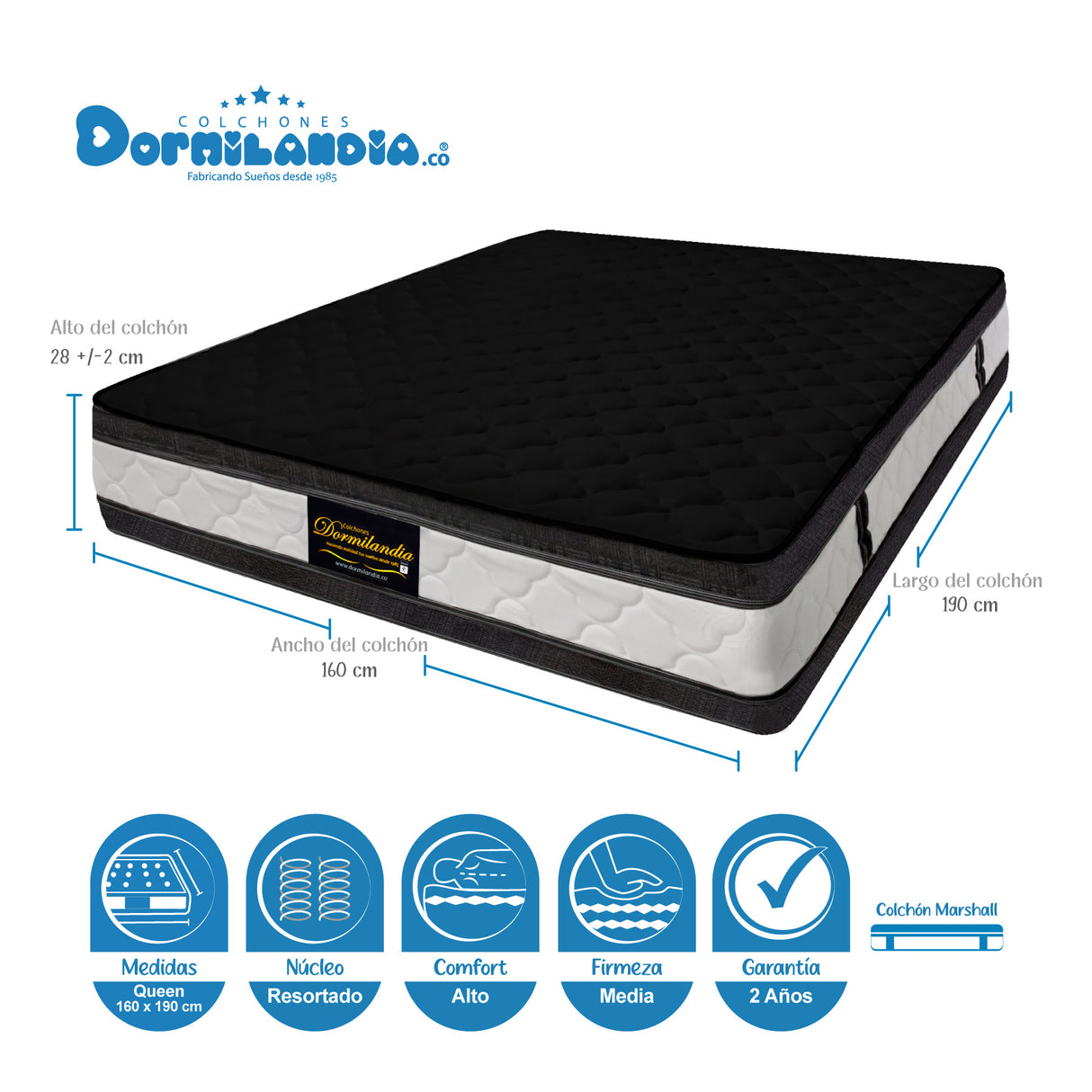 Combo Colchón Marshall Negro Queen 160 X 190 Cm Firmeza Medio Doble Faz Con Cabecero y Base Cama - COLCHONES | Bylmo