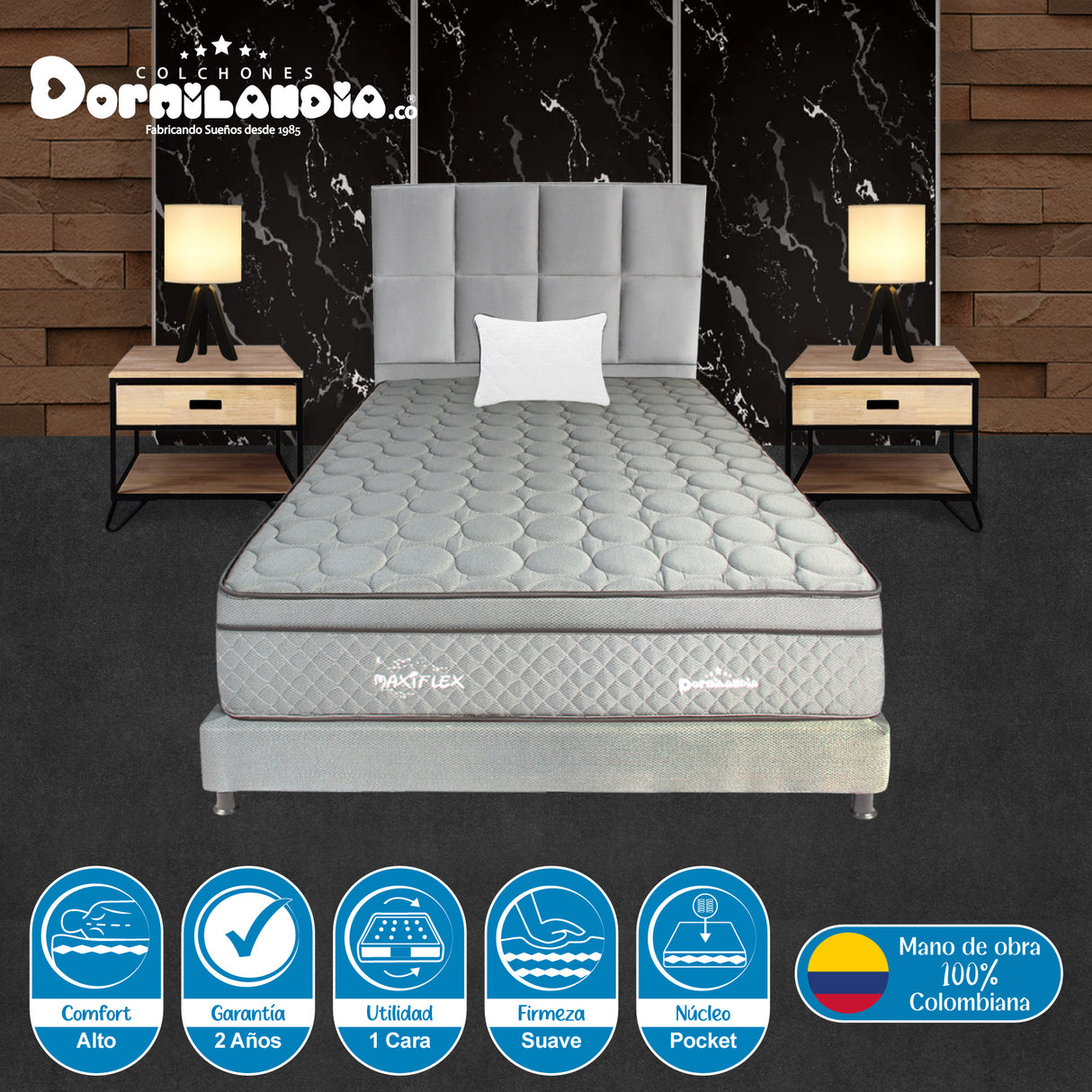 Combo Colchón Maxiflex Gris Sencillo 100 X 190 Cm Firmeza Suave Con Cabecero y Base Cama - COLCHONES | Bylmo