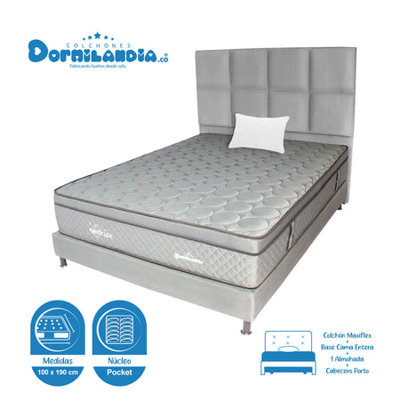 Combo Colchón Maxiflex Gris Sencillo 100 X 190 Cm Firmeza Suave Con Cabecero y Base Cama - COLCHONES | Bylmo