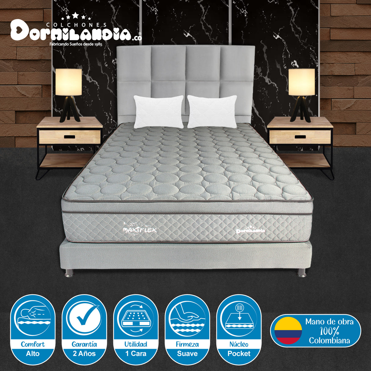 Combo Colchón Maxiflex Gris Queen 160 X 190 Cm Firmeza Suave Con Cabecero y Base Cama - COLCHONES | Bylmo