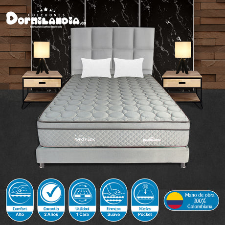 Combo Colchón Maxiflex Gris Queen 160 X 190 Cm Firmeza Suave Con Cabecero y Base Cama - COLCHONES | Bylmo