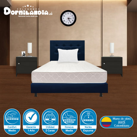 Combo Colchón Multisleep Blanco y Azul Sencillo 100 X 190 Cm Firmeza Medio Doble Faz Con Cabecero y Base Cama - COLCHONES | Bylmo