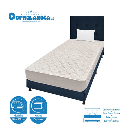 Combo Colchón Multisleep Blanco y Azul Sencillo 100 X 190 Cm Firmeza Medio Doble Faz Con Cabecero y Base Cama - COLCHONES | Bylmo