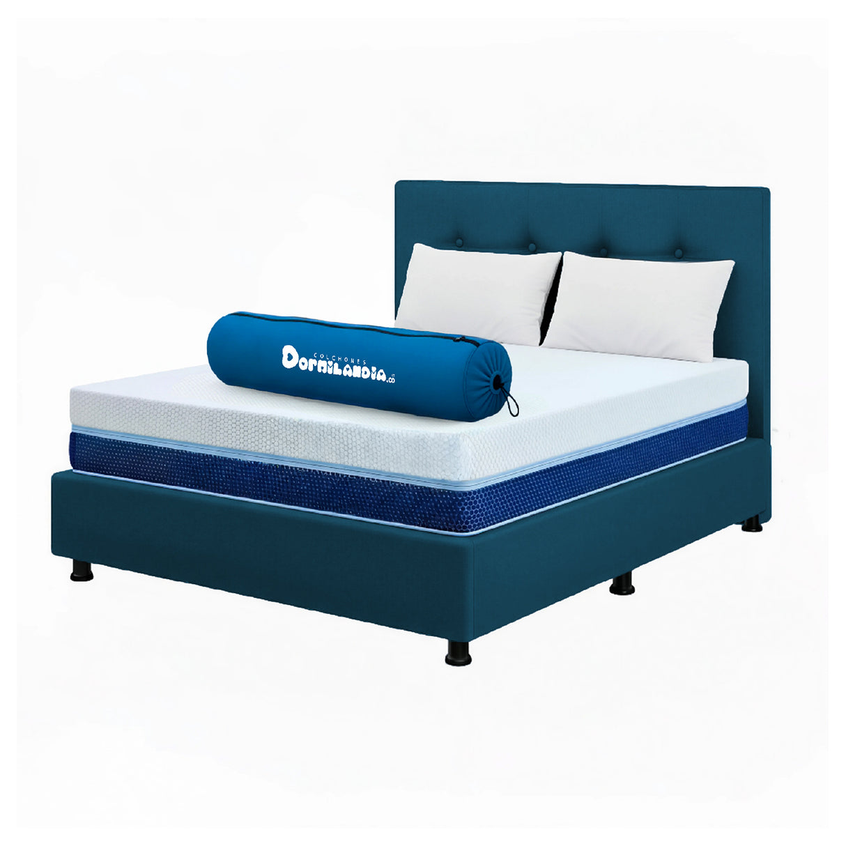 Combo Colchón Enrollado Multisleep Blanco y Azul Doble 140 X 190 Cm Firmeza Medio Doble Faz Con Cabecero y Base Cama