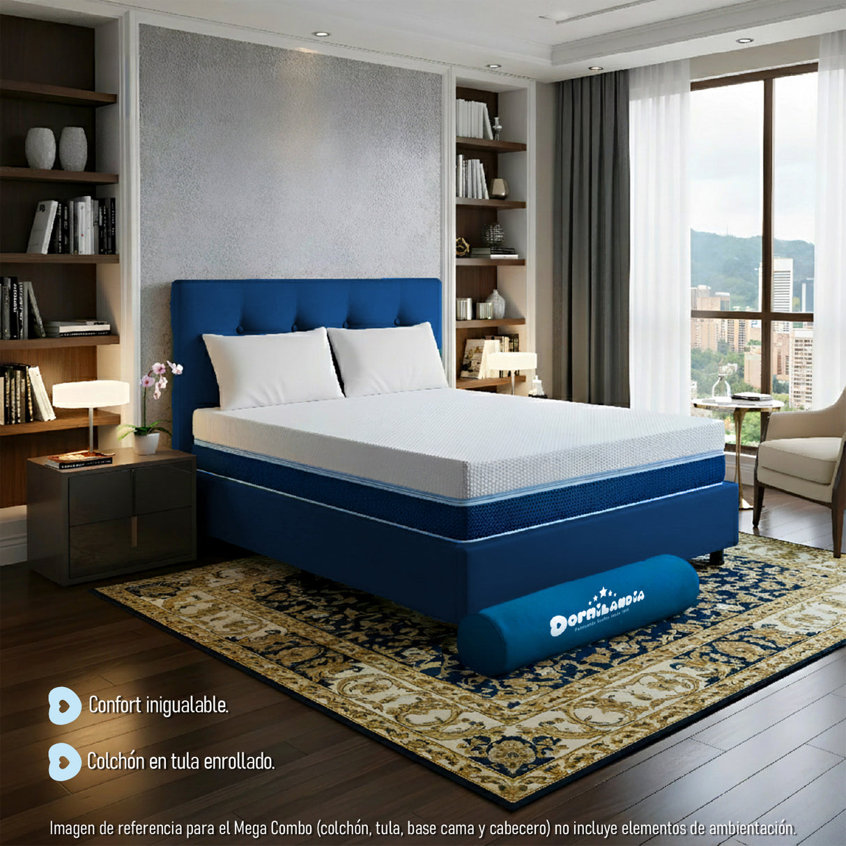 Combo Colchón Multisleep Blanco y Azul Doble 140 X 190 Cm Firmeza Medio Doble Faz Con Cabecero y Base Cama - COLCHONES | Bylmo