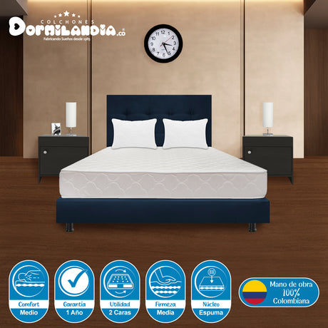 Combo Colchón Multisleep Blanco y Azul Queen 160 X 190 Cm Firmeza Medio Doble Faz Con Cabecero y Base Cama - COLCHONES | Bylmo