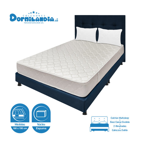 Combo Colchón Multisleep Blanco y Azul Queen 160 X 190 Cm Firmeza Medio Doble Faz Con Cabecero y Base Cama - COLCHONES | Bylmo
