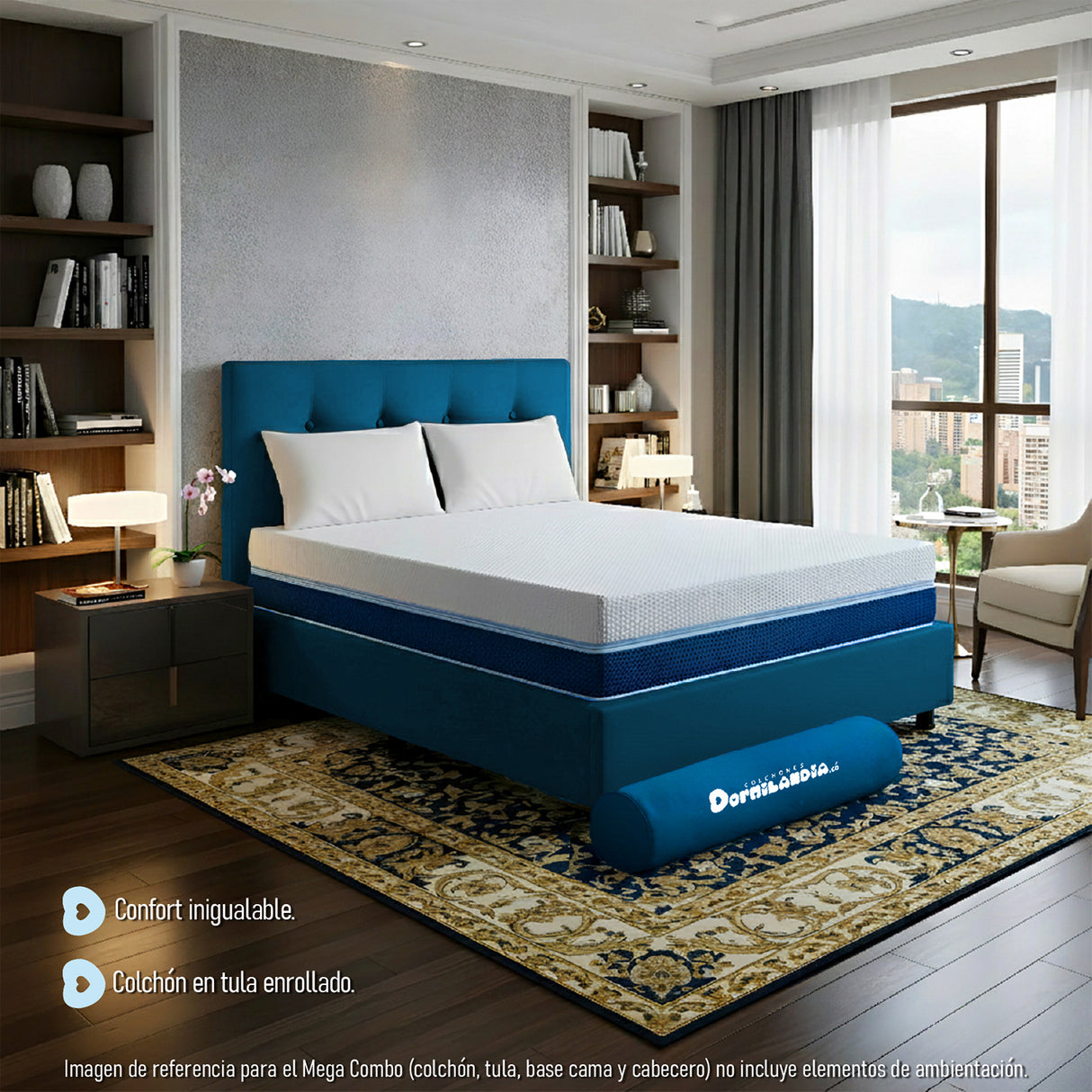 Combo Colchón Enrollado Multisleep Blanco y Azul Queen 160 X 190 Cm Firmeza Medio Doble Faz Con Cabecero y Base Cama