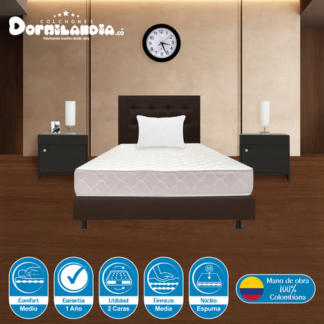 Combo Colchón Multisleep Blanco y Cafe Sencillo 100 X 190 Cm Firmeza Medio Doble Faz Con Cabecero y Base Cama - COLCHONES | Bylmo