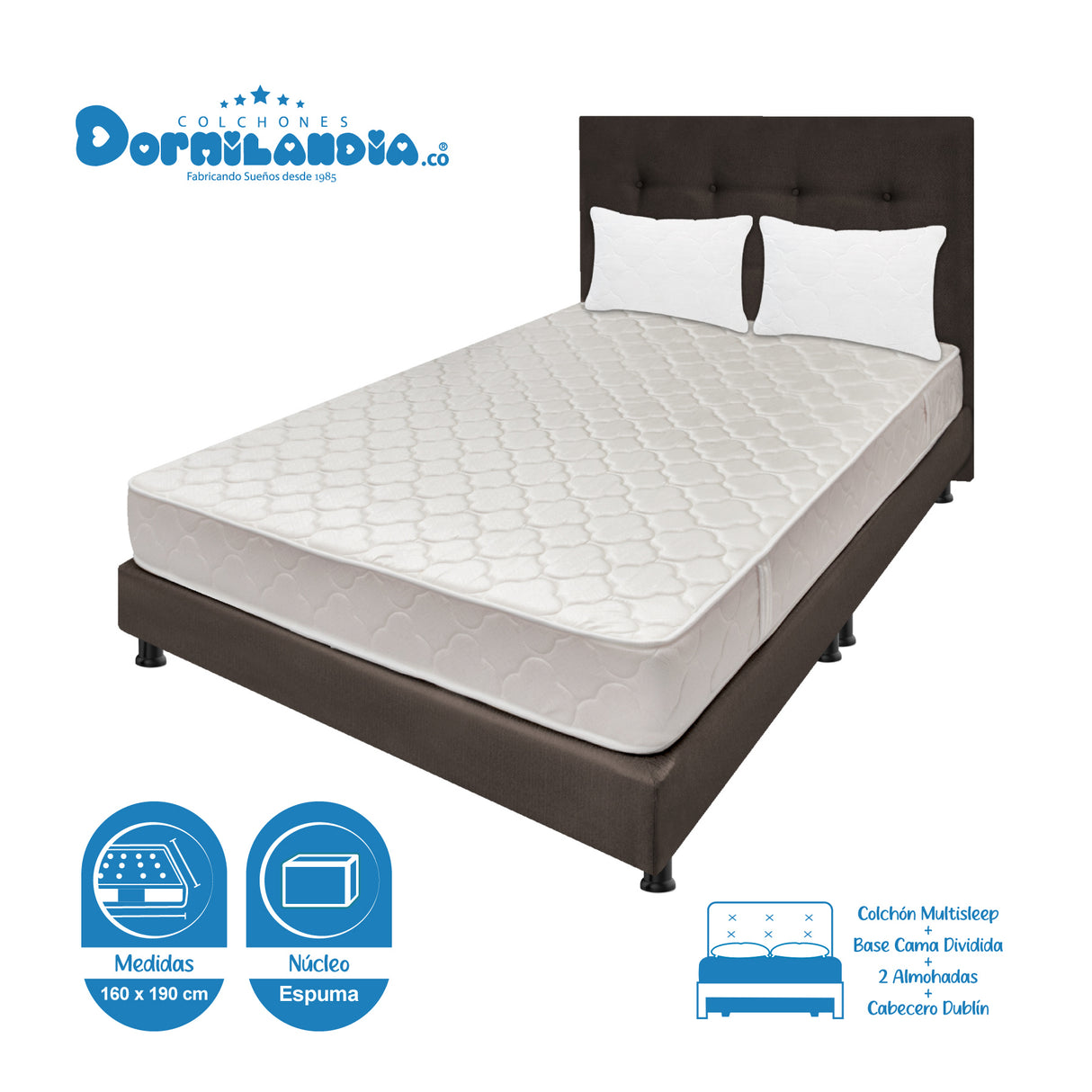 Combo Colchón Multisleep Blanco y Cafe Queen 160 X 190 Cm Firmeza Medio Doble Faz Con Cabecero y Base Cama - COLCHONES | Bylmo