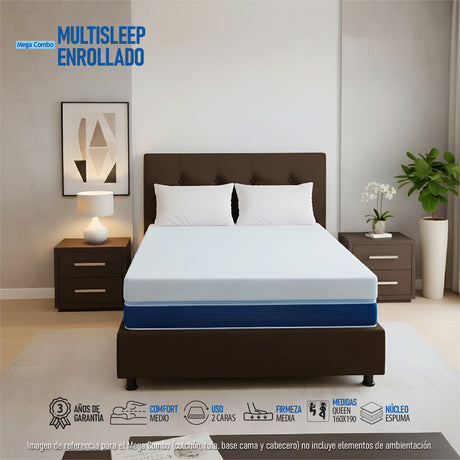 Combo Colchón Multisleep Blanco y Cafe Queen 160 X 190 Cm Firmeza Medio Doble Faz Con Cabecero y Base Cama - COLCHONES | Bylmo