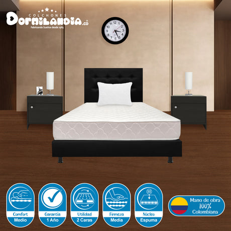 Combo Colchón Multisleep Blanco y Negro Sencillo 100 X 190 Cm Firmeza Medio Doble Faz Con Cabecero y Base Cama - COLCHONES | Bylmo