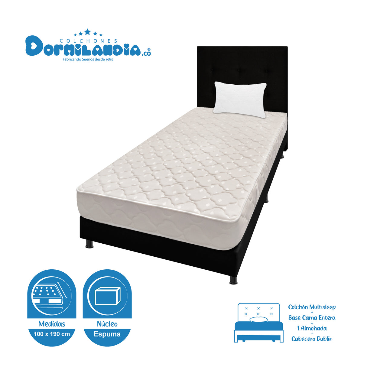 Combo Colchón Multisleep Blanco y Negro Sencillo 100 X 190 Cm Firmeza Medio Doble Faz Con Cabecero y Base Cama - COLCHONES | Bylmo
