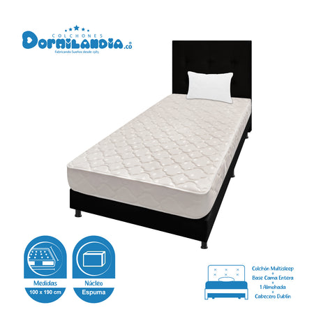 Combo Colchón Multisleep Blanco y Negro Sencillo 100 X 190 Cm Firmeza Medio Doble Faz Con Cabecero y Base Cama - COLCHONES | Bylmo