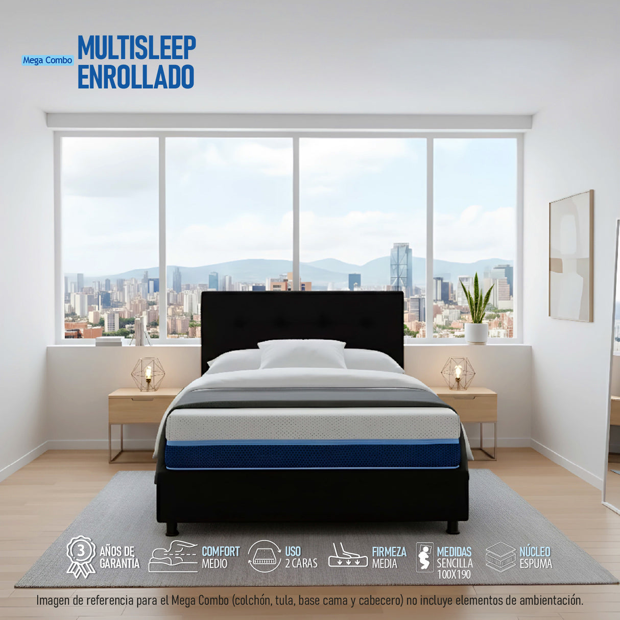 Combo Colchón Multisleep Blanco y Negro Sencillo 100 X 190 Cm Firmeza Medio Doble Faz Con Cabecero y Base Cama - COLCHONES | Bylmo