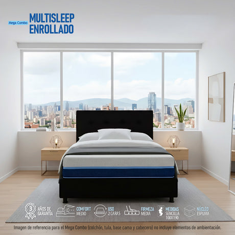 Combo Colchón Multisleep Blanco y Negro Sencillo 100 X 190 Cm Firmeza Medio Doble Faz Con Cabecero y Base Cama - COLCHONES | Bylmo
