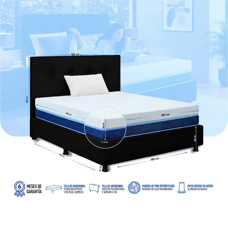 Combo Colchón Multisleep Blanco y Negro Sencillo 100 X 190 Cm Firmeza Medio Doble Faz Con Cabecero y Base Cama - COLCHONES | Bylmo