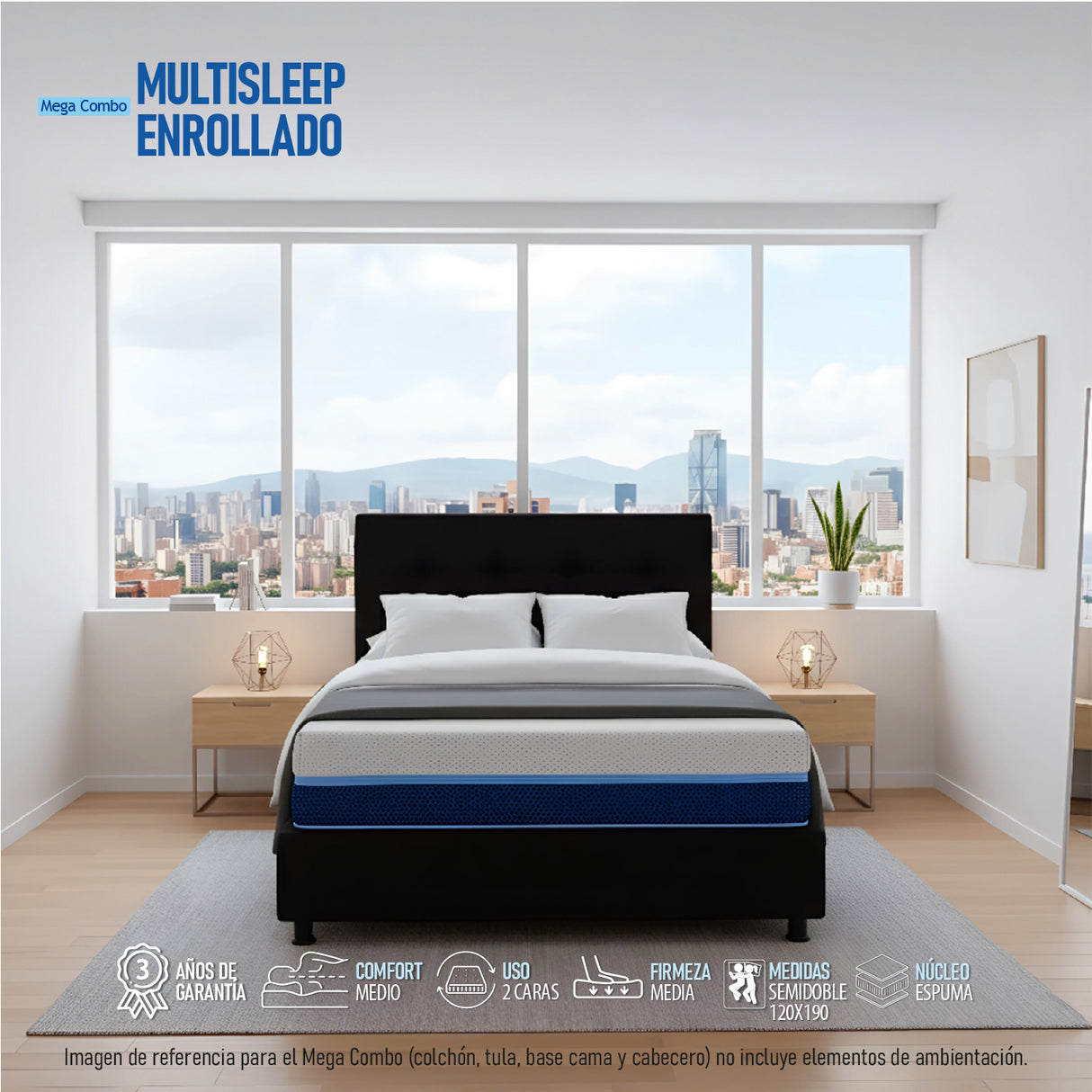 Combo Colchón Multisleep Blanco y Negro Semidoble 120 X 190 Cm Firmeza Medio Doble Faz Con Cabecero y Base Cama - COLCHONES | Bylmo