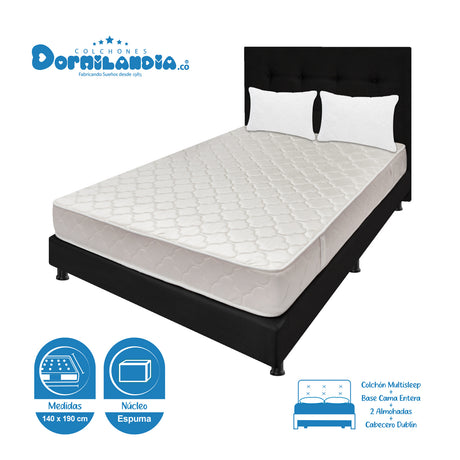 Combo Colchón Multisleep Blanco y Negro Doble 140 X 190 Cm Firmeza Medio Doble Faz Con Cabecero y Base Cama - COLCHONES | Bylmo