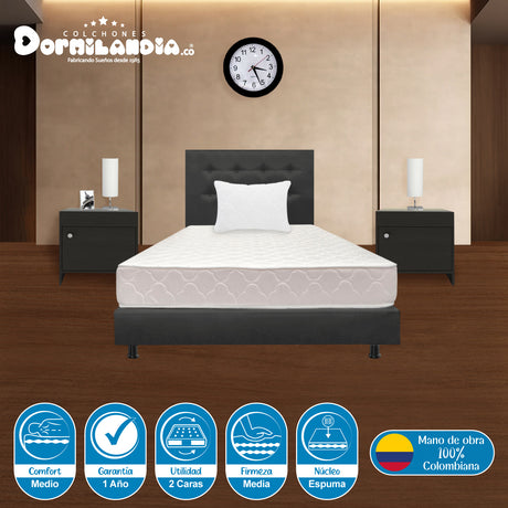 Combo Colchón Multisleep Blanco y Gris Sencillo 100 X 190 Cm Firmeza Medio Doble Faz Con Cabecero y Base Cama - COLCHONES | Bylmo