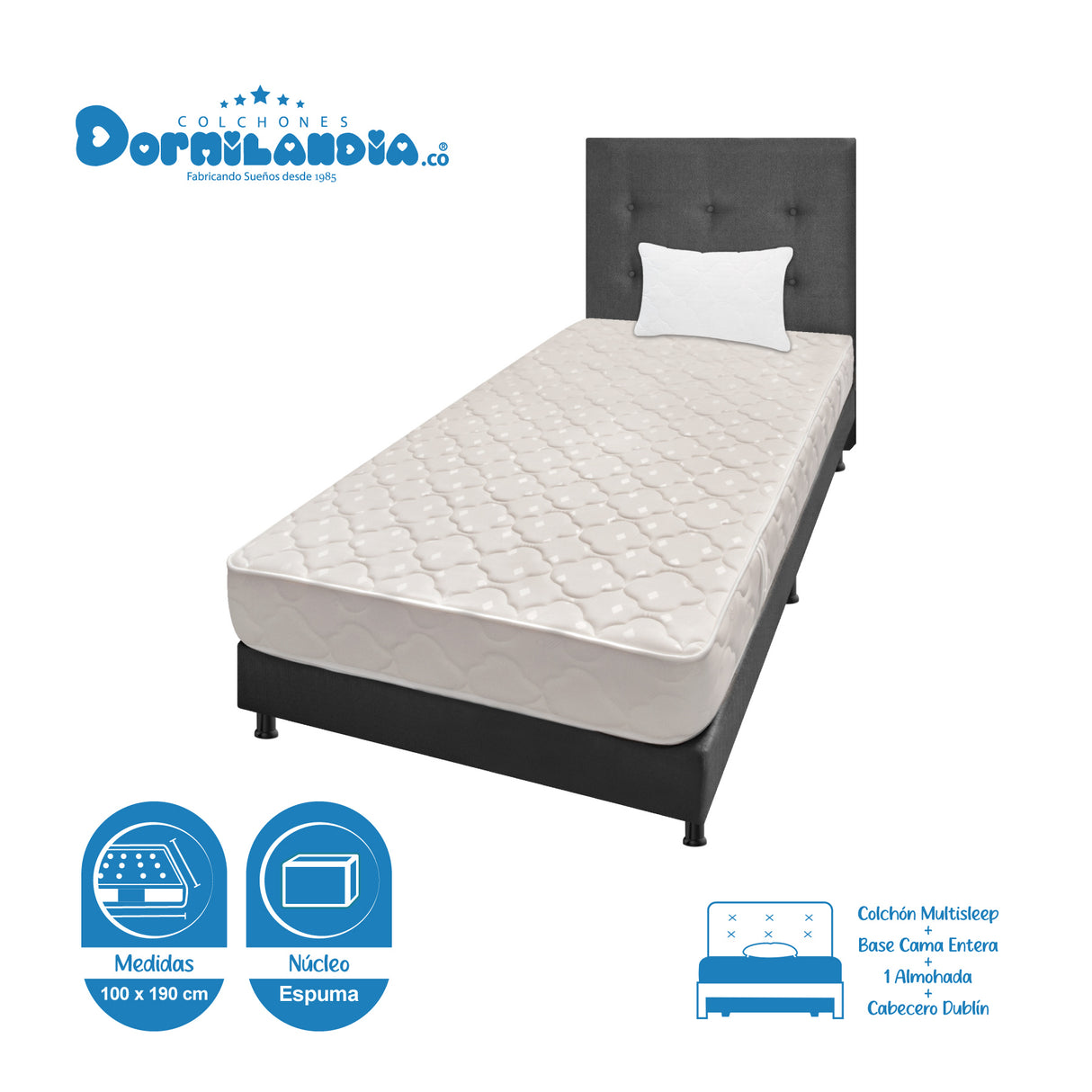Combo Colchón Multisleep Blanco y Gris Sencillo 100 X 190 Cm Firmeza Medio Doble Faz Con Cabecero y Base Cama - COLCHONES | Bylmo