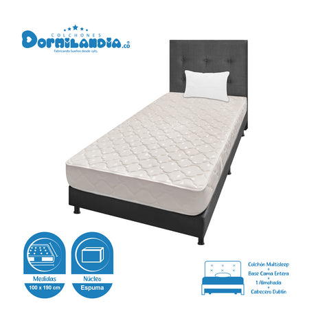 Combo Colchón Multisleep Blanco y Gris Sencillo 100 X 190 Cm Firmeza Medio Doble Faz Con Cabecero y Base Cama - COLCHONES | Bylmo