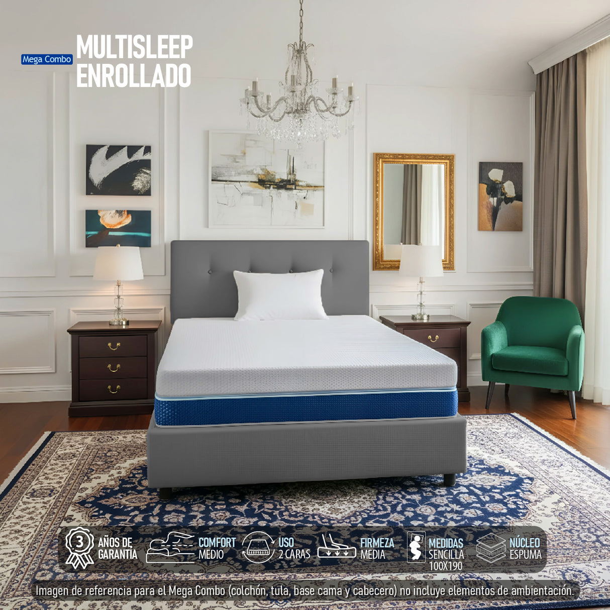 Combo Colchón Multisleep Blanco y Gris Sencillo 100 X 190 Cm Firmeza Medio Doble Faz Con Cabecero y Base Cama - COLCHONES | Bylmo