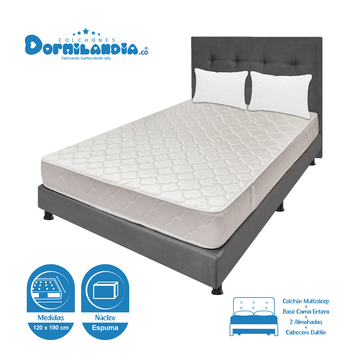 Combo Colchón Multisleep Blanco y Gris Semidoble 120 X 190 Cm Firmeza Medio Doble Faz Con Cabecero y Base Cama - COLCHONES | Bylmo