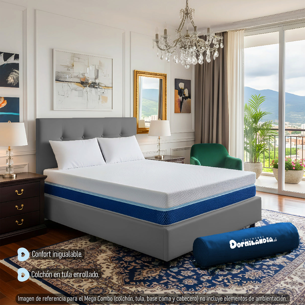 Combo Colchón Enrollado Multisleep Blanco y Gris Semidoble 120 X 190 Cm Firmeza Medio Doble Faz Con Cabecero y Base Cama