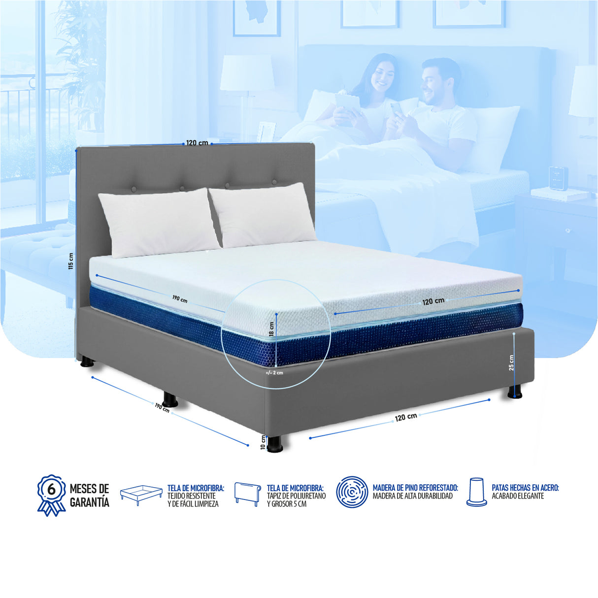 Combo Colchón Multisleep Blanco y Gris Semidoble 120 X 190 Cm Firmeza Medio Doble Faz Con Cabecero y Base Cama - COLCHONES | Bylmo