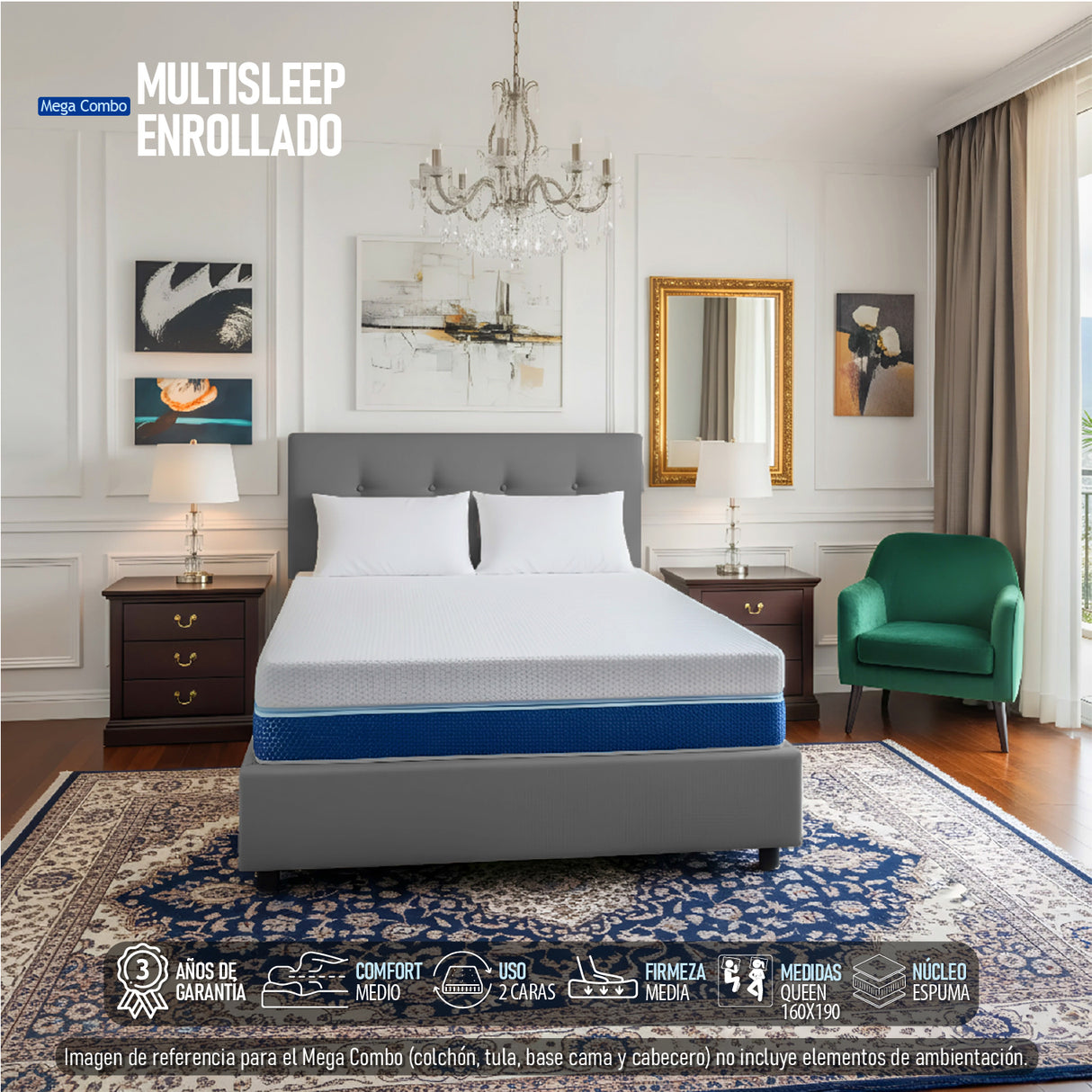 Combo Colchón Multisleep Blanco y Gris Queen 160 X 190 Cm Firmeza Medio Doble Faz Con Cabecero y Base Cama - COLCHONES | Bylmo