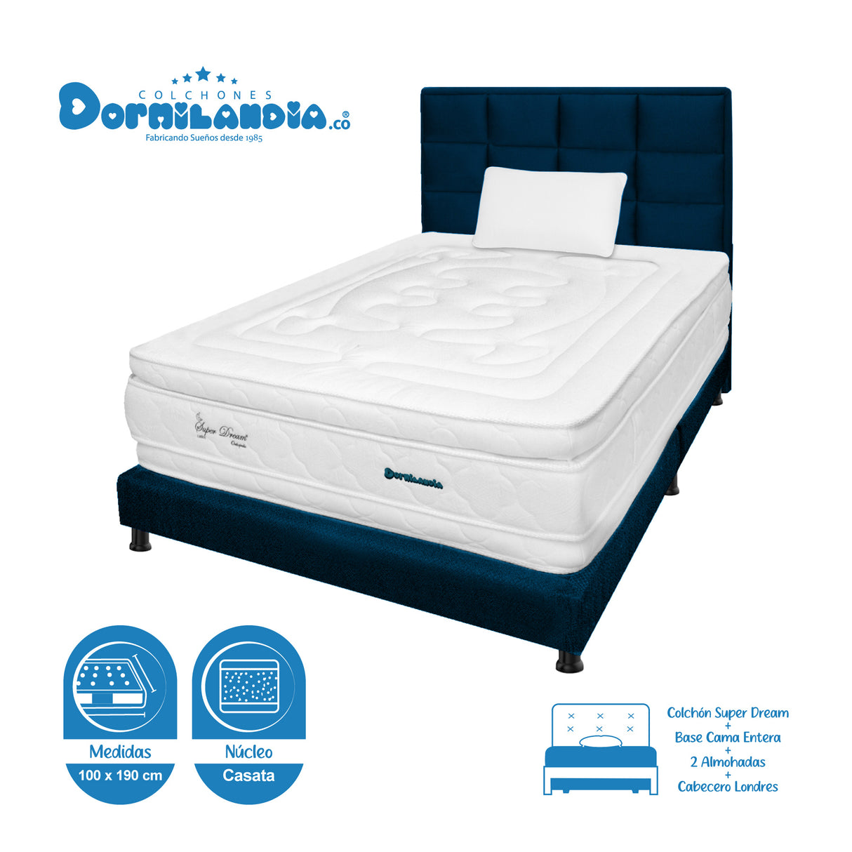 Combo Colchón Super Dream Blanco y Azul Sencillo 100 X 190 Cm Firmeza Firme Doble Faz Con Cabecero y Base Cama - COLCHONES | Bylmo