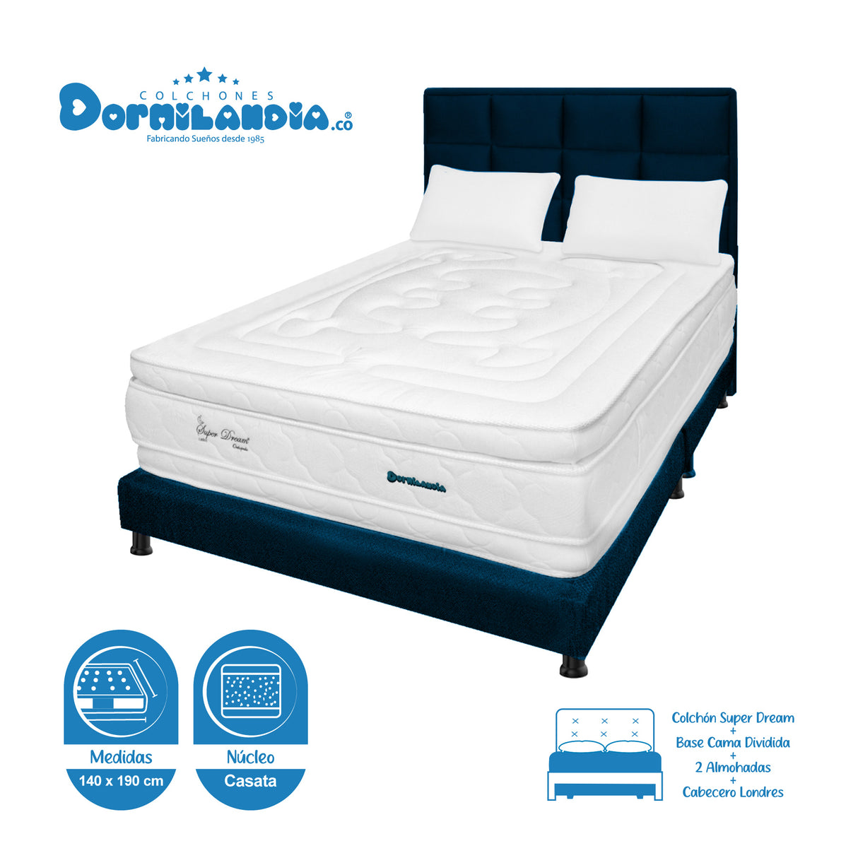 Combo Colchón Super Dream Blanco y Azul Doble 140 X 190 Cm Firmeza Firme Doble Faz Con Cabecero y Base Cama - COLCHONES | Bylmo