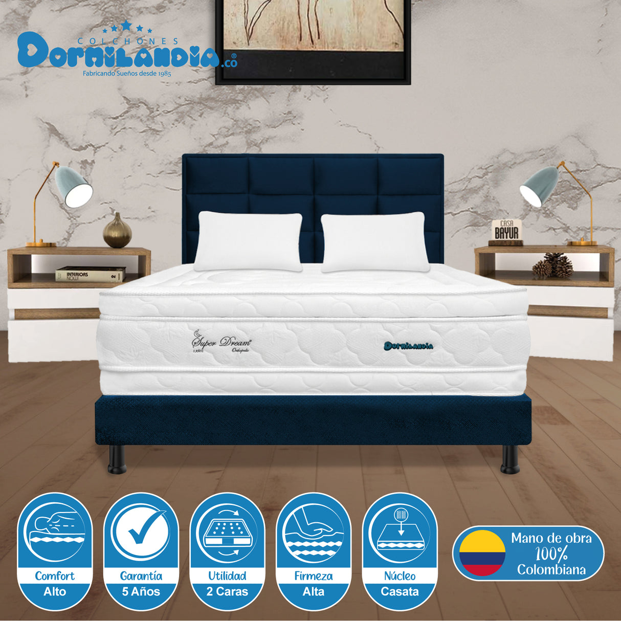 Combo Colchón Super Dream Blanco y Azul King 200 X 200 Cm Firmeza Firme Doble Faz Con Cabecero y Base Cama - COLCHONES | Bylmo
