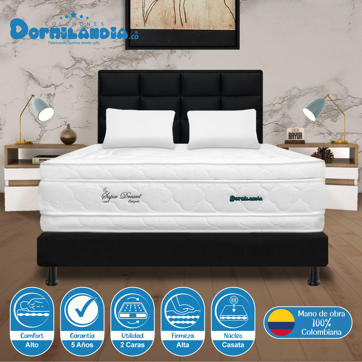 Combo Colchón Super Dream Blanco y Negro Doble 140 X 190 Cm Firmeza Firme Doble Faz Con Cabecero y Base Cama - COLCHONES | Bylmo