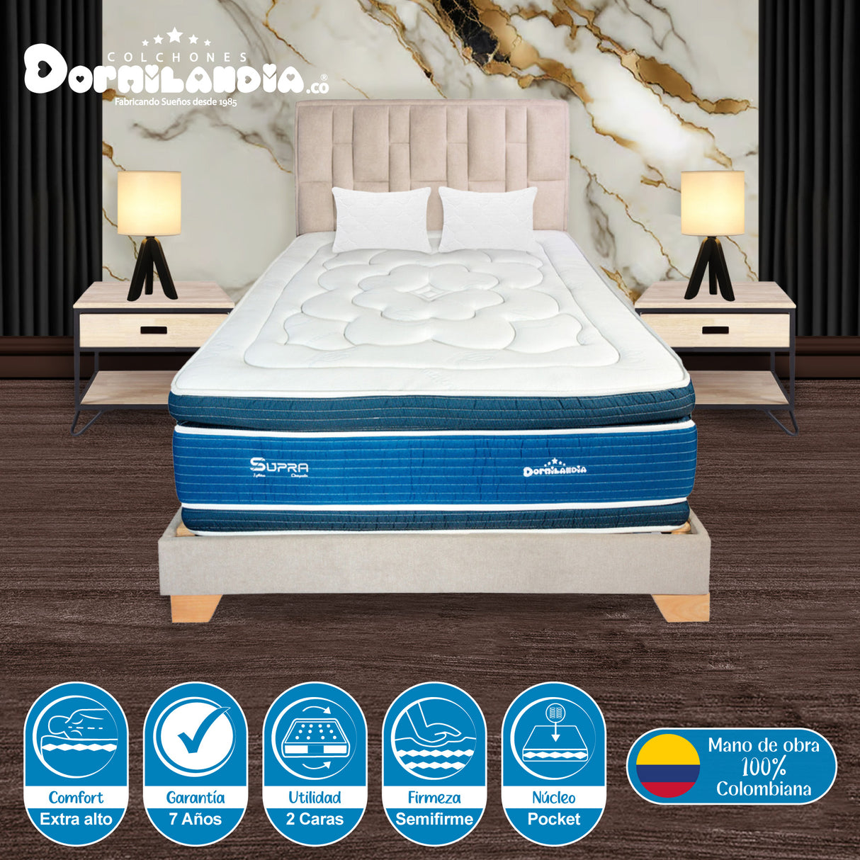 Combo Colchón Supra Azul y Arena Semidoble 120 X 190 Cm Firmeza Medio Doble Faz Con Cabecero y Base Cama - COLCHONES | Bylmo