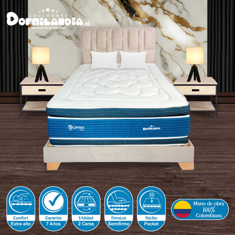 Combo Colchón Supra Azul y Arena Semidoble 120 X 190 Cm Firmeza Medio Doble Faz Con Cabecero y Base Cama - COLCHONES | Bylmo