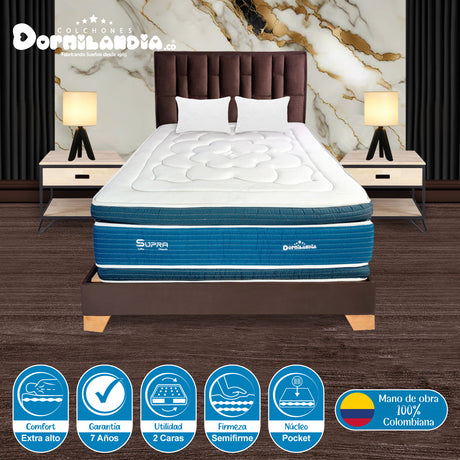 Combo Colchón Supra Azul y Cafe Doble 140 X 190 Cm Firmeza Medio Doble Faz Con Cabecero y Base Cama - COLCHONES | Bylmo