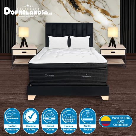 Combo Colchón Supra Negro Doble 140 X 190 Cm Firmeza Medio Doble Faz Con Cabecero y Base Cama - COLCHONES | Bylmo